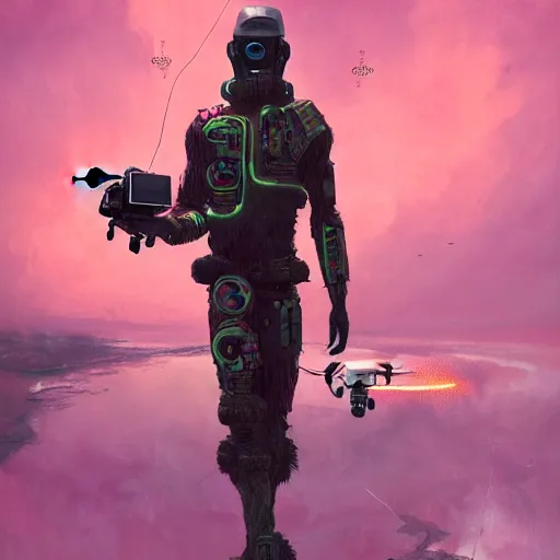 Prompt: a zulu cyberpunk hunter with a drone near a pink lake witha a baobab tree in a lightning storm by greg rutkowski and android jones in a surreal portrait style, oil on canvas, 8k resolution.