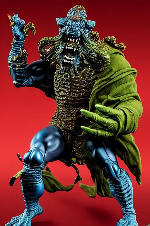 Image similar to a hyperrealistic rendering of an epic boss fight against an ornate supreme dark overlord by art of skinner and richard corben, product photography, collectible action figure, sofubi