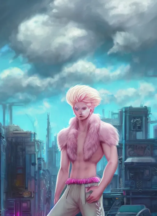 Image similar to aesthetic portrait commission of a of a male fully furry muscular anthro albino lion with a tail and a beautiful attractive hyperdetailed face wearing stylish and creative wearing pink and mint male crop top outfit in a sci-fi dystopian city at golden hour while it storms in the background. Character design by charlie bowater, ross tran, artgerm, and makoto shinkai, detailed, inked, western comic book art, 2021 award winning film poster painting