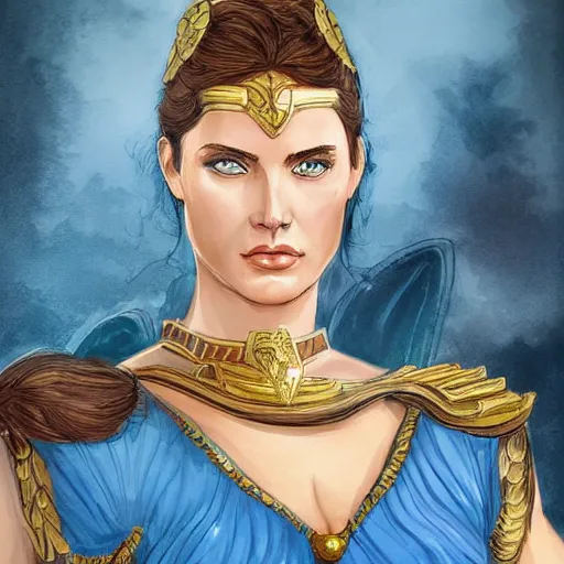 Prompt: portrait of hippolyta queen of the amazons, a beautiful tall dignified dark - haired woman with tanned skin and blue eyes, dressed in hellenistic greek armour, high detailed, detailed face, detailed eyes, intricate, elegant, smooth, sharp focus, artstation, art by helena nikulina,