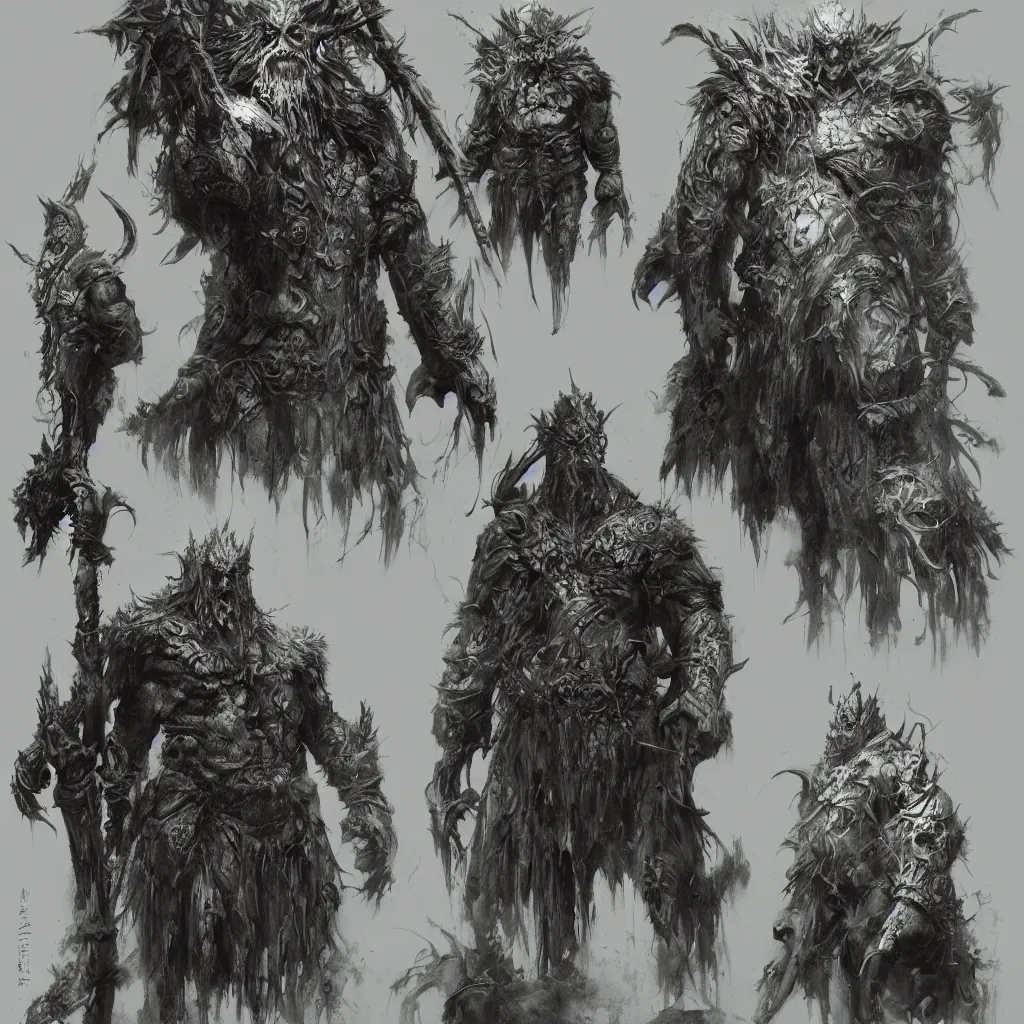 Image similar to feral chieftain charector concept sheet, beksinski, ruan jia, the hobbit orc concept, dark soul concept