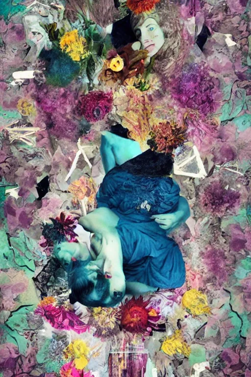 Prompt: a mixed media collage of glitched bodies in random, grotesque, and colorful poses, flowers, eyes and moon, photorealistic, digital collage artistic, aesthetic, artwork