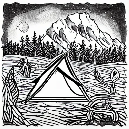 Image similar to simple line art tattoo design of a campsite, tent, trees, moon, fire, zaya, mük Jung