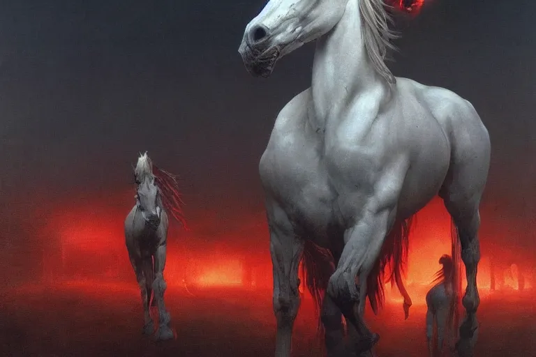 Image similar to a white cyberpunk horses with human heads, in the style of beksinski, intricate and epic composition, red by caravaggio, insanely quality, highly detailed, masterpiece, red light, artstation, 4 k