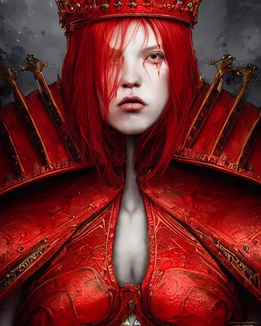 Image similar to redhead queen knight in red armor, inside an epic gothic castle, baroque, large crown, face with scars, intimidating, ominous, high fantasy, intricate detail, digital painting, artstation, concept art, smooth, sharp focus, illustration, art by yoshitaka amano and monia merlo and wlop