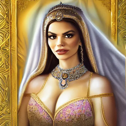 Prompt: a portrait of a woman who looks like a mix between sofia vergara and victoria justice as an arabian princess in a disney movie, crown!! oil painting, pale colors, high detail, 8 k, wide angle, trending on artstation,