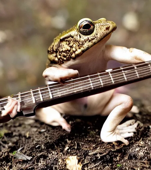 Image similar to a toad on a mushroom playing guitar