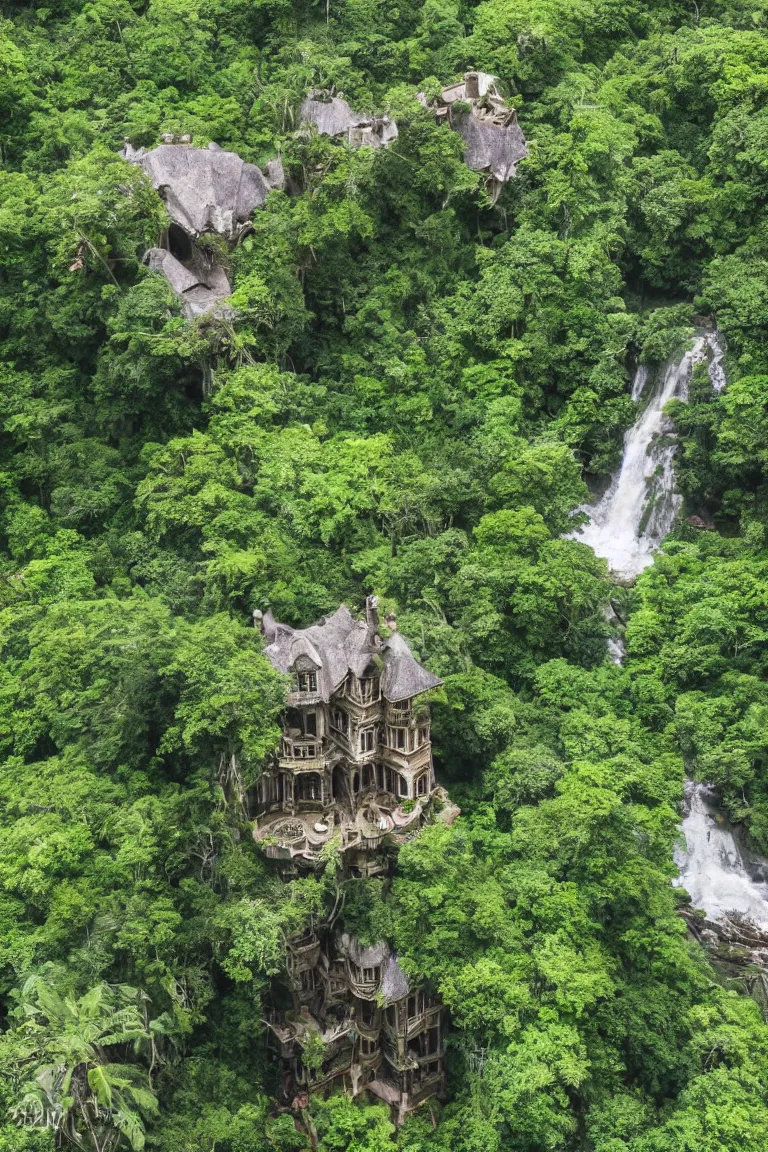 Image similar to a victorian mansion carved into a huge tree beside a waterfall in a dense jungle | cinematic