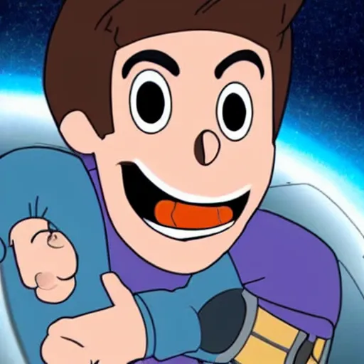 Image similar to a male cartoon teen lost in space with an evil grin and injuries wearing white shirt and short hair near a black hole