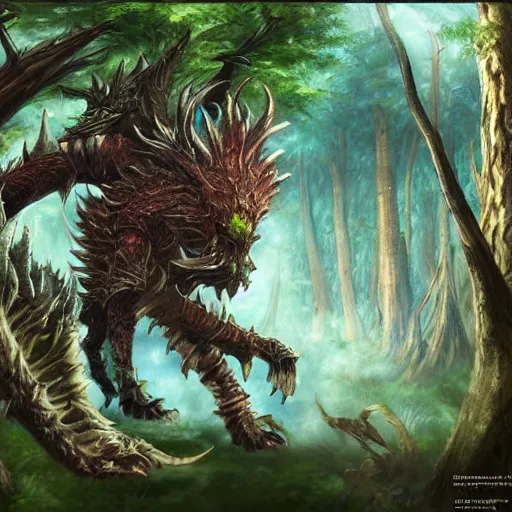 Prompt: final fantasy beast in the woods, highly detailed, digital art, sharp focus, trending on art station, warhammer fantasy,