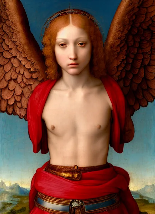 Image similar to a beautiful intricate renaissance painting portrait of a bulky short haired man angel aasimar paladin knight in an ornate completely red heavy armor with a shining heavenly sword and giant blue wings, by Raphael, Leonardo DaVinci, great masterpiece, award winning historic painting, dynamic composition, trending on artstation,4k, 8k