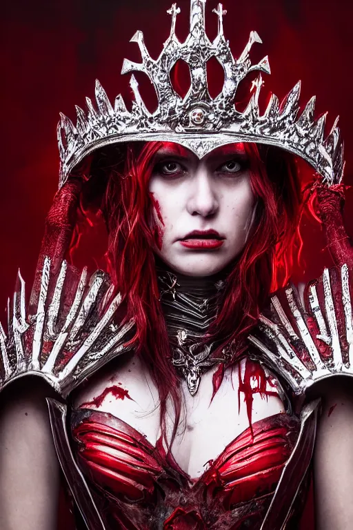 Image similar to the blood crown queen wear the scarlet armor, cinematic lighting, various refining methods, micro macro autofocus, ultra definition, award winning photo