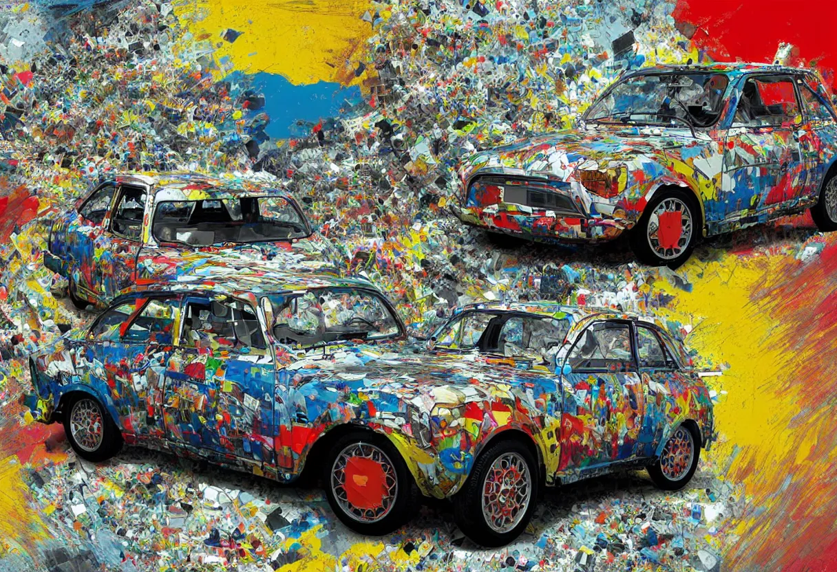 Prompt: yugo car against concrete wall as pop art, matte painting, hyperdetailed, coherent, art nouveau, beautiful render, concept art by mimmo rotella and paul robertson