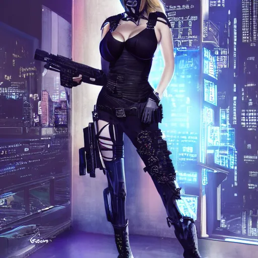 Prompt: full body photo of kate upton as a cyberpunk warrior with weapons