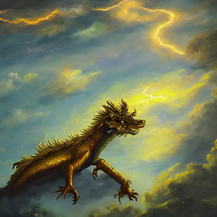 Image similar to beautiful oil painting of single golden eastern dragon in sky, green lightning, night clouds, above forest, high detail, trending on artstation