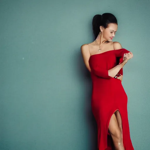 Prompt: photo of slim girl model, brunette, smiling , 20yo, wearing a red dress with high slit, the girl is wearing high heels, high detail, studio, sharp, 85mm sigma art lens