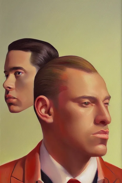 Prompt: a painting of a man wearing a suit and tie, portrait, a digital painting by Vladimir Tretchikoff, trending on Artstation, cloisonnism, digital painting, digital illustration, vaporwave