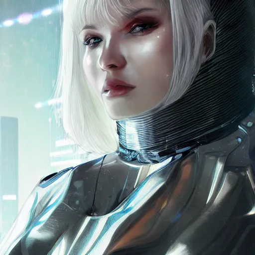 Image similar to beautiful white haired woman dressed in see through space suit, the cyberpunk sci - fi art of mario feng artstation highly detailed, smooth, sharp focus