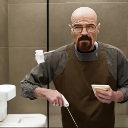 Prompt: Walter white in a bathroom eating a hotdog