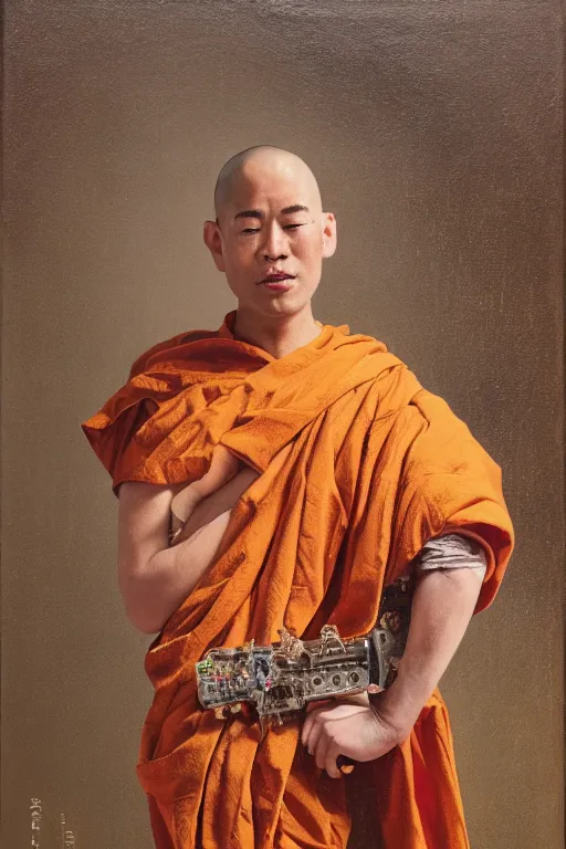 Image similar to realistic baroque oil portrait of a robot as a buddhist monk