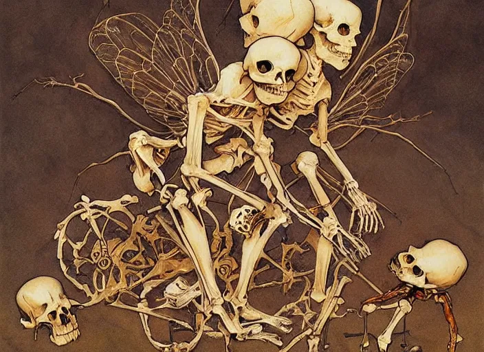 Prompt: skeleton fairy and tooth fairy and bone fairy collect the skulls together painting carved in amber by chiara bautista and norman rockwell and greg rutkowski weta studio