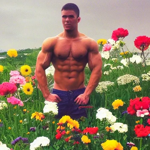 Prompt: “ buff guy by flowers ”