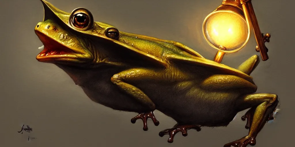 Image similar to a bat frog holding a lamp by justin gerard, concept art, creature design, sharp focus, trending on artstation, hyper realism, 8 k, hyper detailed, ultra detailed, highly detailed,