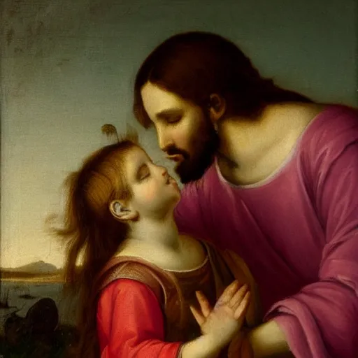 Image similar to an oil panting of a jesus kissing maria maddalena