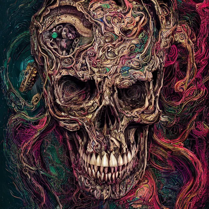 Prompt: portrait of a psychedelic skull. razor sharp teeth. infected with zombie fungus. intricate abstract. intricate artwork. nightmare fuel. by Tooth Wu, wlop, beeple, dan mumford. octane render, trending on artstation, greg rutkowski very coherent symmetrical artwork. cinematic, hyper realism, high detail, octane render, 8k, iridescent accents