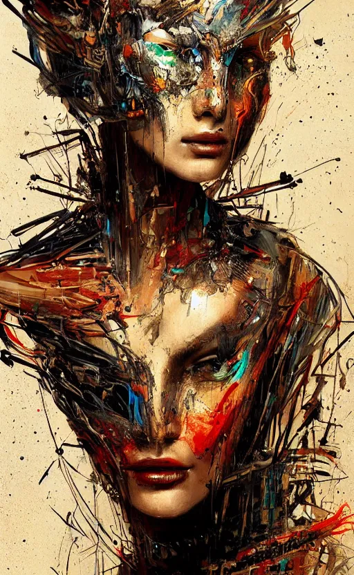 Prompt: sexy beautiful queen head made of mech mask rendered in unreal engine, cyberpunk, dark scifi, painted by david burliuk bernard buffet | carne griffiths | wlop