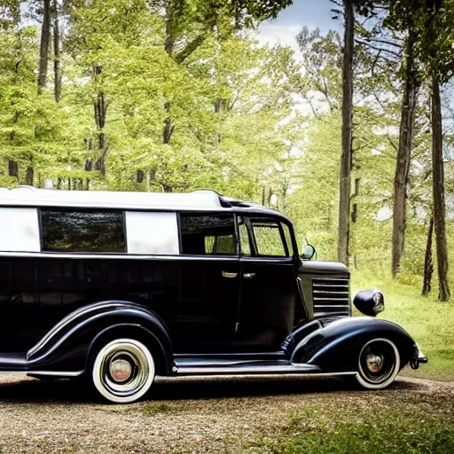 Prompt: photo of a black 1 9 3 6 chrysler airstream parked at a lake