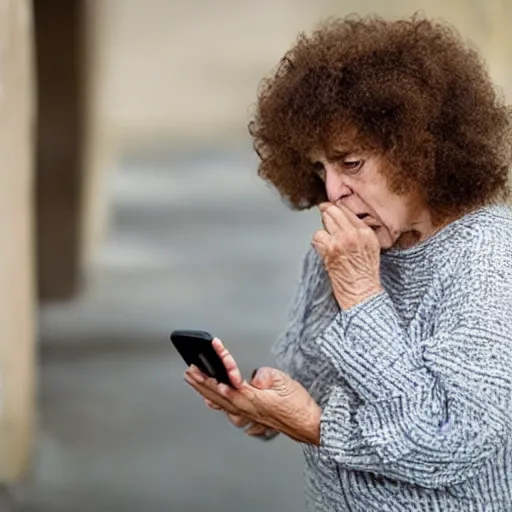 Prompt: astonished older lady looking at smartphone angrily, wild hair, greek ethnicity, angry eyes,