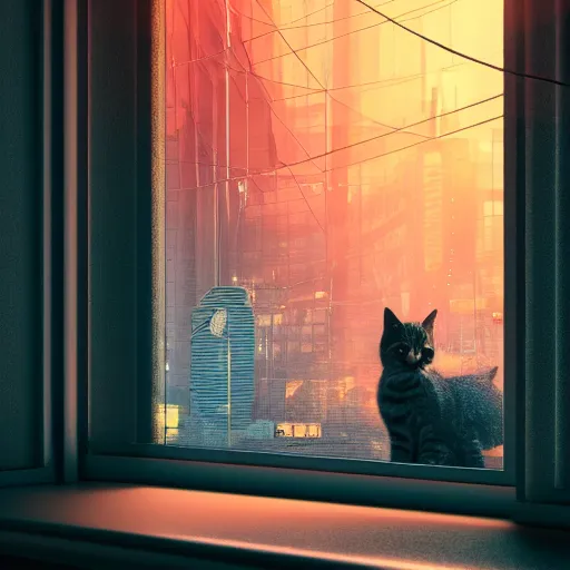 Image similar to Big european shorthair cat and small fluffy kitten from the back in the apartment room looking to window in a cyberpunk city, soft god rays from city lights outside the window, unreal engine 5, soft neon atmosphere, photorealistic, soothing colors, somber melancholic matte painting, hyperrealism, hyperrealistic, cinematic masterpiece, cyberpunk style 8k ultrahd octane render