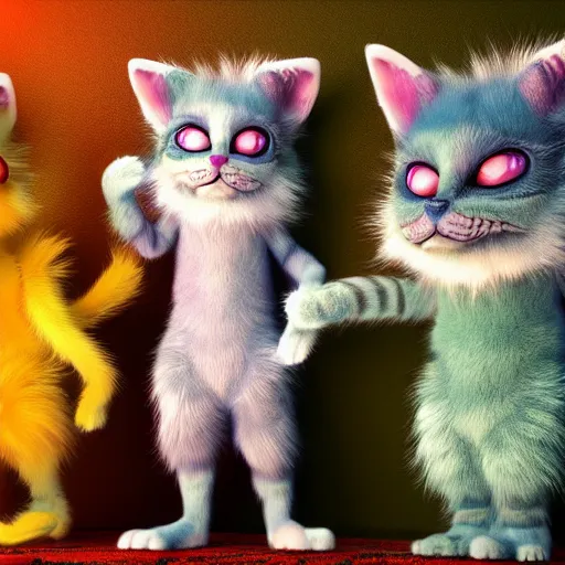 Prompt: cute colorful fuzzy alien cat creatures with long flowing detailed striped fur, detailed high quality 3 d render unreal engine in the style of maurice sendak, 4 k