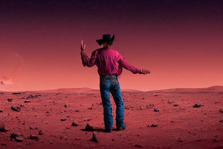 Image similar to old western cowboy with hand on hip on posing to camera on mars, distant background, red lighting, digital art, acrylic, colorful, ominous, moonlight, bokeh, depth of field, synthwave, psychedelic, glitch, acrylic, flooko, detailed, cybernetic, sci-fi, glows,