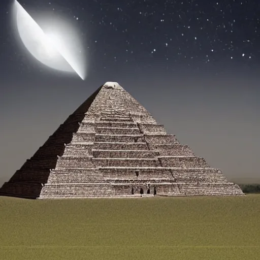 Image similar to artistic depiction of an Aztec pyramid, during an eclipse, with fires raging around