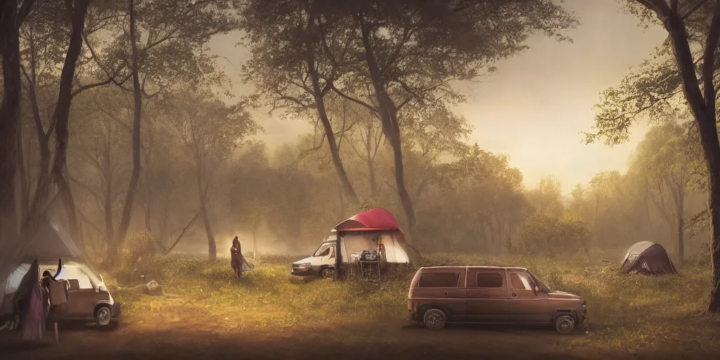 Prompt: looking out of the back of a van, two women camping, elegant scene, low angle, wide angle, indian forest, wide angle, cinematic, ultrarealistic, trending on artstation, cgsociety, highly detailed, color graded, rendered in unreal engine 4 k hq, matte painting, by simon stalenhag and hudson river school, horizon forbidden west