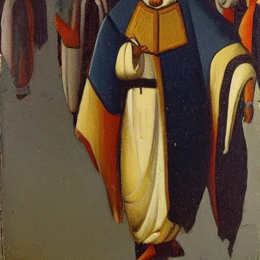 Image similar to painting by remus grecu, i dreamed i saw saint augustine striding through the quarters in the utmost misery, with a blanket underneath his arm, and a coat of solid gold