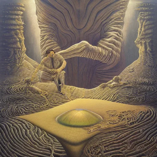 Image similar to her reflection by jacek yerka, alex gray, zdzisław beksiński, dariusz zawadzki, jeffrey smith and h.r. giger, oil on canvas, 8k highly professionally detailed, trending on artstation