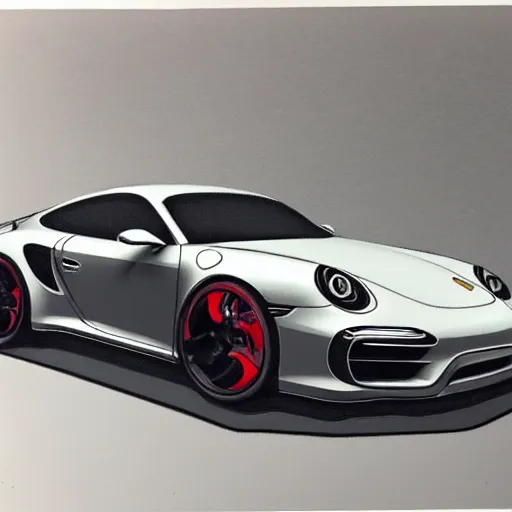 Image similar to car showroom, full image, concept for a german muscle car inspired by a Porsche 911 Turbo S