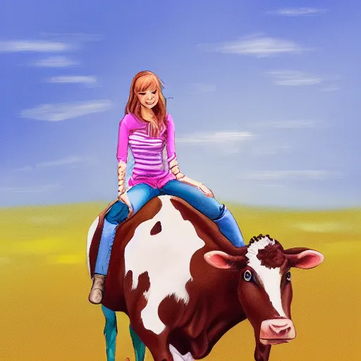 Image similar to girl riding a cow on the farm, trending on artstation