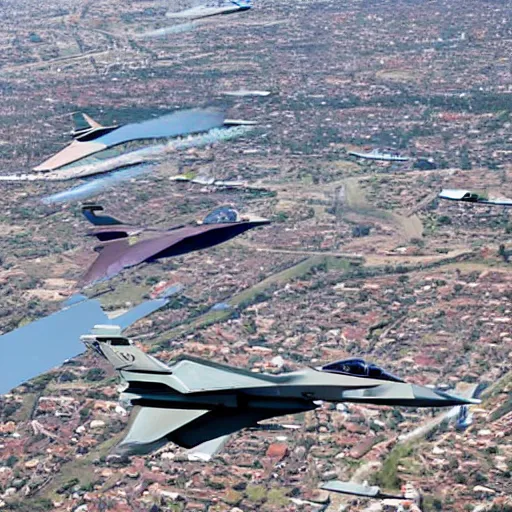 Image similar to fighter jets flying through a city