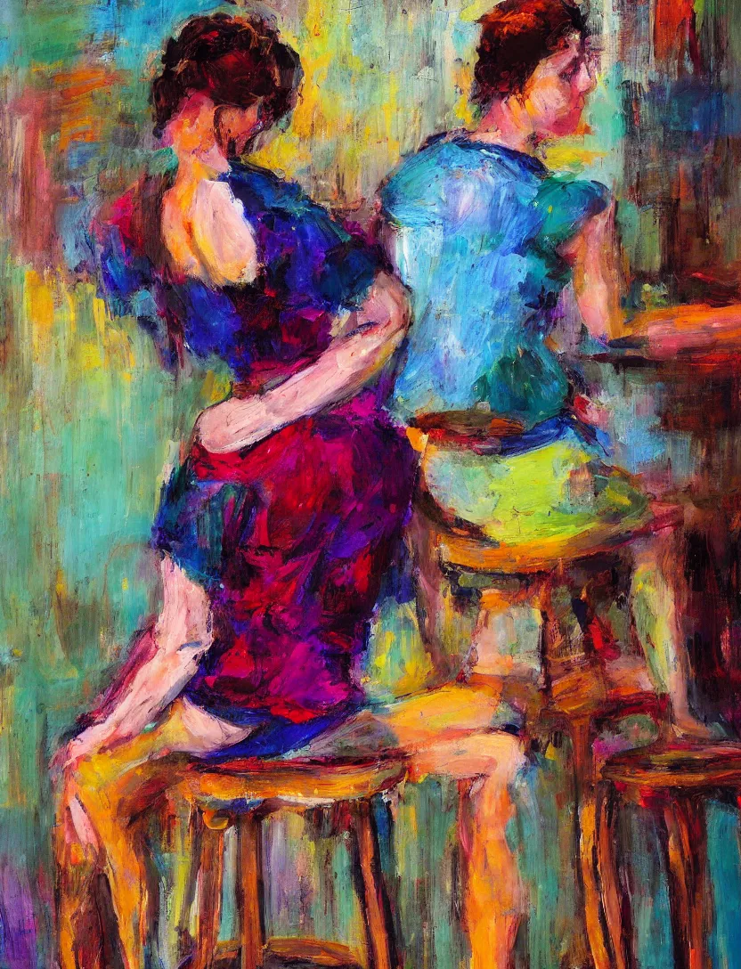 Prompt: A woman sitting on a stool reaching behind her with one hand. Close Shot. In the Style of Matthew Smith. Thick and colorful brush strokes.