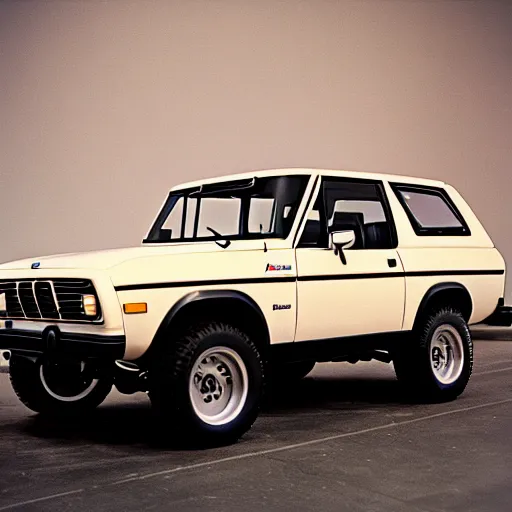 Prompt: 1979 Bronco BMW M1, inside of an auto dealership, ektachrome photograph, volumetric lighting, f8 aperture, cinematic Eastman 5384 film