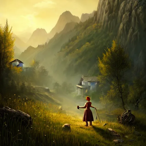 Image similar to the elder scrolls vi, small farmhouse, village girl in dirndl, mountainous sloping meadow and slightly forested background, atmospheric lighting, painted, intricate, volumetric lighting, beautiful, rich deep colors masterpiece, sharp focus, ultra detailed by leesha hannigan, ross tran, thierry doizon, kai carpenter, ignacio fernandez rios