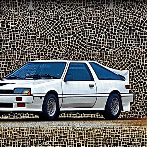 Image similar to drifting white Toyota AE86 pulled by a black horse, medieval Byzantine mosaic, 4k