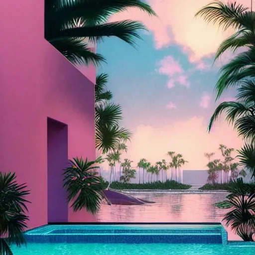 Image similar to miami vice, indoor liminal space, golden light, greg rutkowski, palm trees, pink door, minimalistic, hyperrealistic surrealism, award winning masterpiece with incredible details, epic stunning, infinity pool mirrors, a surreal vaporwave liminal space with mirrors, highly detailed, trending on artstation, artgerm and greg rutkowski and alphonse mucha, daily deviation