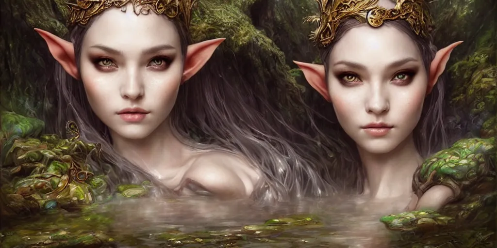 Prompt: a portrait of a female elf sorceress bathing in a forest lake by karol bak and jia ruan, beautiful detailed eyes, cute, fantasy, intricate, elegant, highly detailed, digital painting, 4 k, hdr, concept art, detailed jewelry, smooth, sharp focus, illustration, art by artgerm