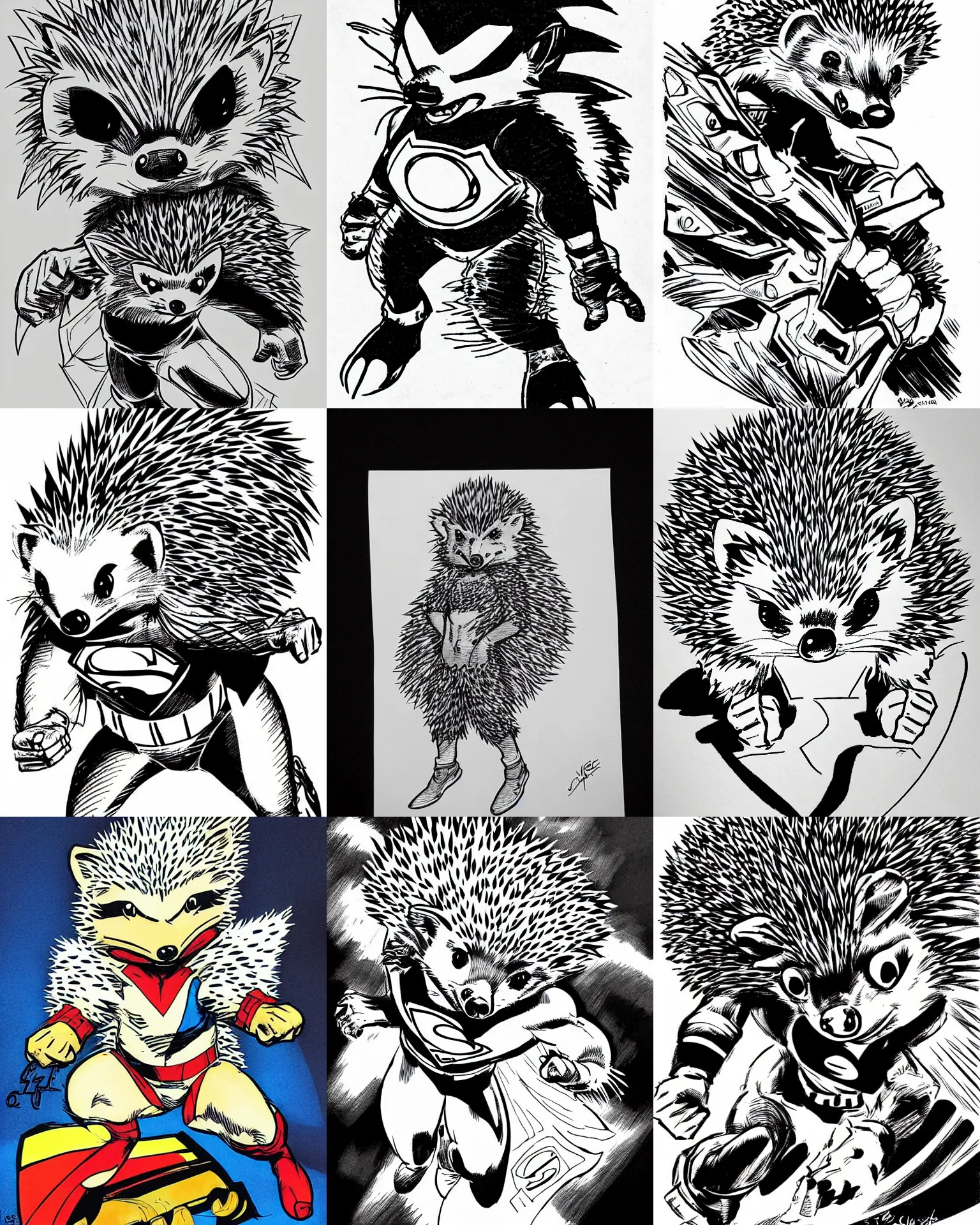 Prompt: hedgehog!!! jim lee!!! medium shot!! flat ink sketch by jim lee close up in the style of jim lee, superhero comic book hedgehog animal by jim lee