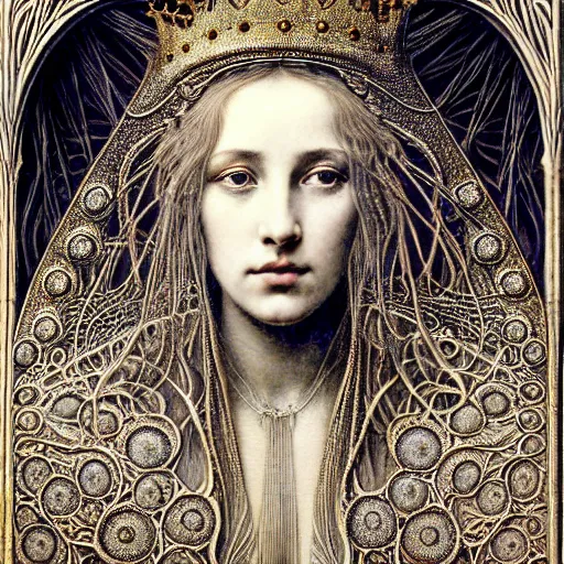 Image similar to detailed realistic beautiful young medieval queen face portrait by jean delville, gustave dore and iris van herpen, art forms of nature by ernst haeckel, art nouveau, symbolist, visionary, gothic, pre - raphaelite, fractal lace, surreality, horizontal symmetry, intricate details